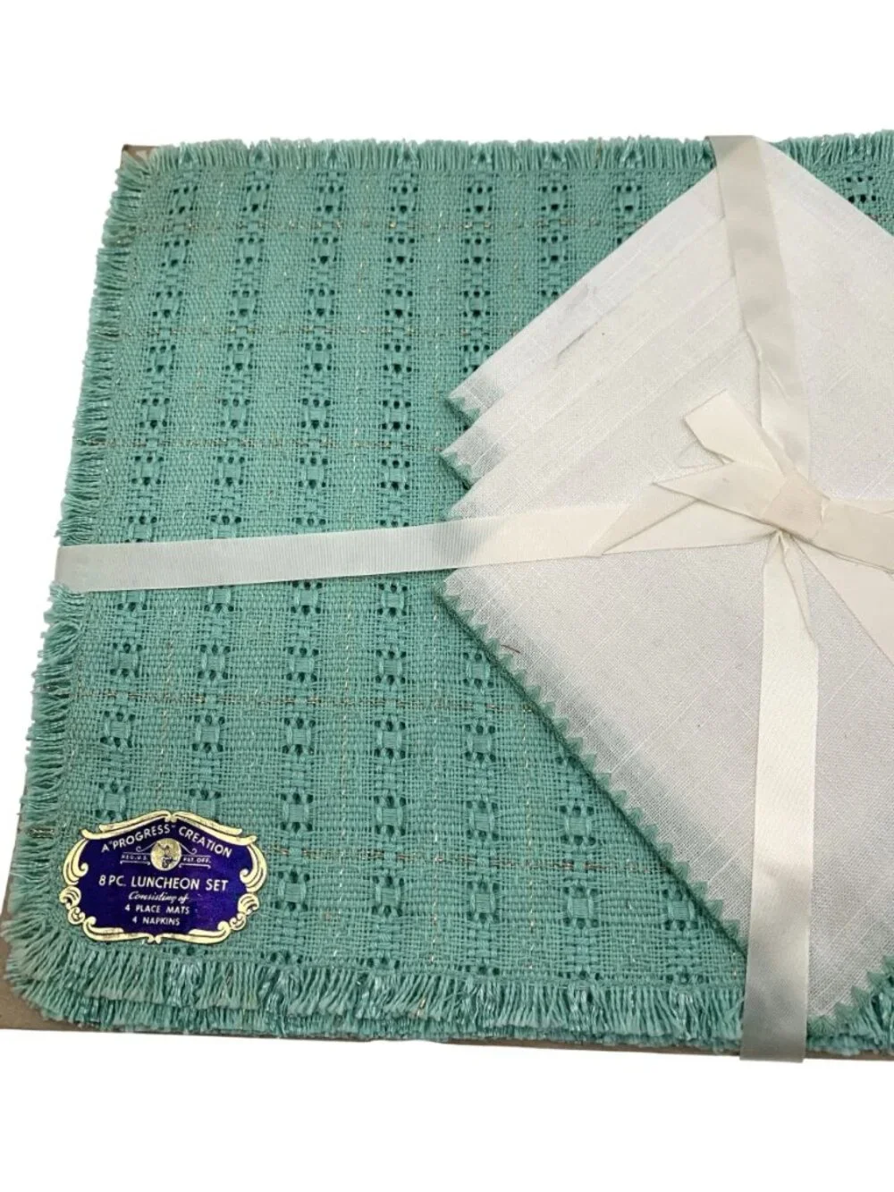 Vintage 8-Piece Progress Creation Luncheon Set 4 Green Place Mats 4 Napkins